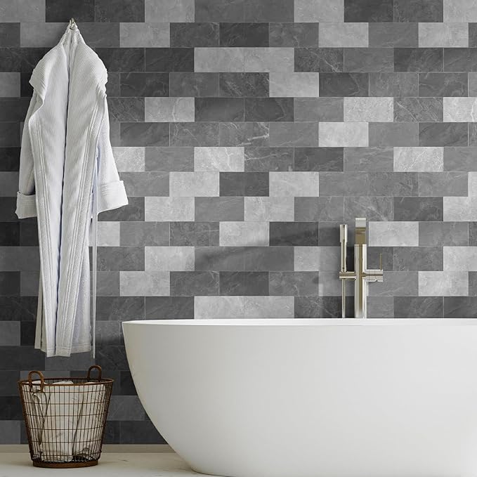16-Pack Peel and Stick Marble Wall Tiles, Waterproof 4" x 8" Glossy Imitation Gentleman Gray Marble, PVC Shower Wall Panels for Kitchen, Bathroom & Fireplace