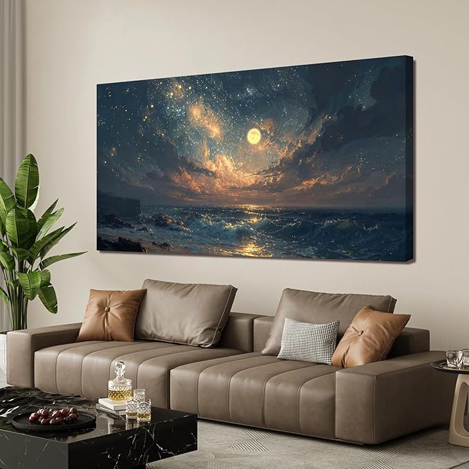 Canvas Wall Art Decor Gold And Blue Art Wall Decor Beach Waves Large Wall Art Pictures For Living Room Decorations Artwork For Walls For Bedroom Office Canvas Pictures For Wall Decor 24 × 48 Inch