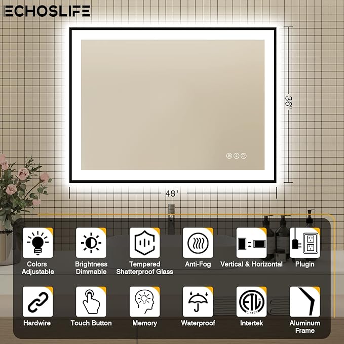 48x36 LED Bathroom Mirrors for Wall - Black Aluminum Framed(Front and Backlit),Anti-Fog Vanity Mirror with Lights,Stepless Dimmable Lighted Mirror,3 Colors Smart Mirror(Horizontal/Vertical)