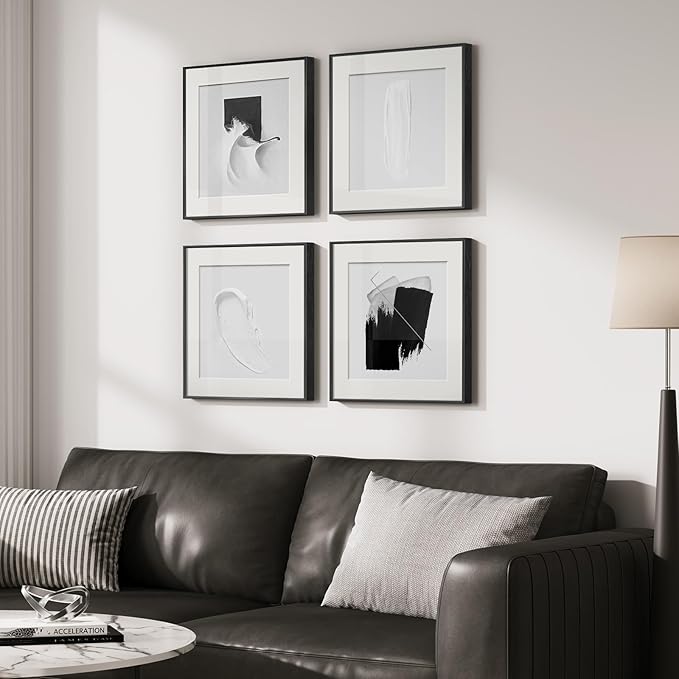 4 Panels Framed Abstract Black and White Wall Art Set, Modern Minimalist Line Print Home Decor, Canvas Pictures Paintings for Living Room Bedroom Bathroom Entryway and Dining Room 12x12 Inches