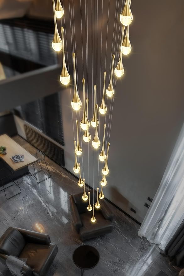 Modern Crystal Chandelier 25-Lights Raindrop Chandeliers LED Dimmable High Ceiling Pendant Light Gold Large Chadnelier for Foyer Entrance Living Room
