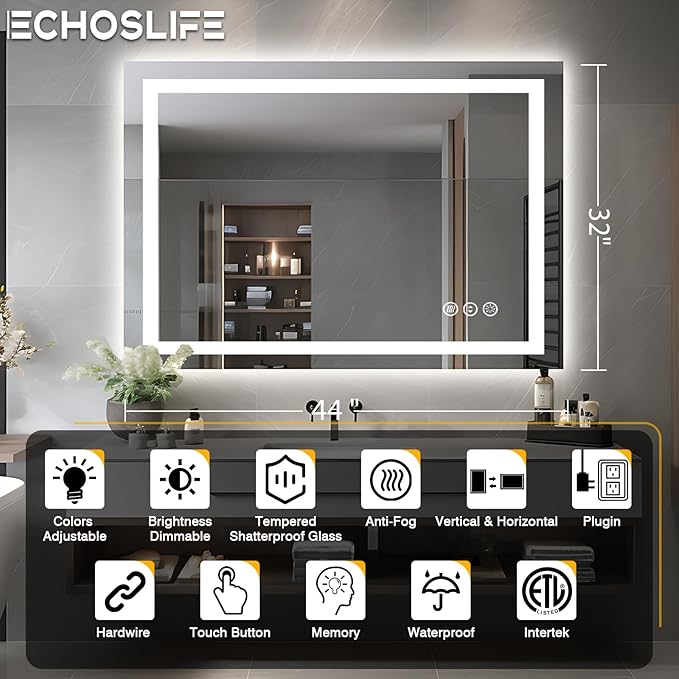 44"x32" Bathroom Mirror with LED Lights, Front & Backlit, Anti-Fog, Dimmable, Waterproof & Corrosion Proof (Horizontal/Vertical)