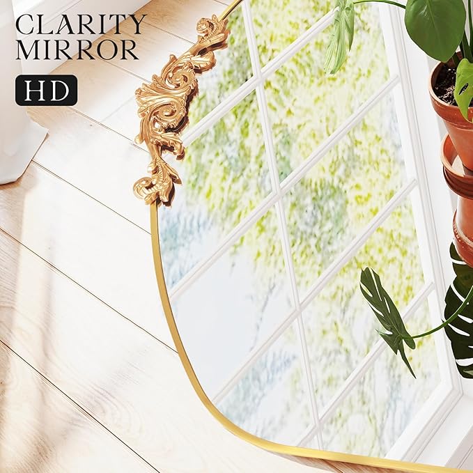 MISSDAY Vintage Gold Baroque Mirror for Wall, 36"X30" Arched Antique Wall Mirror with Elegant Carving Top, Full Metal Frame Wall-Mounted Mirror for Bathroom, Living Room, Fireplace, Entryway, Hallway