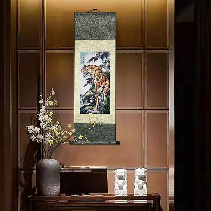 AtfArt Asian Wall Decor Beautiful Silk Scroll Painting Deterrence Tiger Oriental Decor Chinese Art Wall Scroll Wall Hanging Painting Scroll (36.2 x 12 in)
