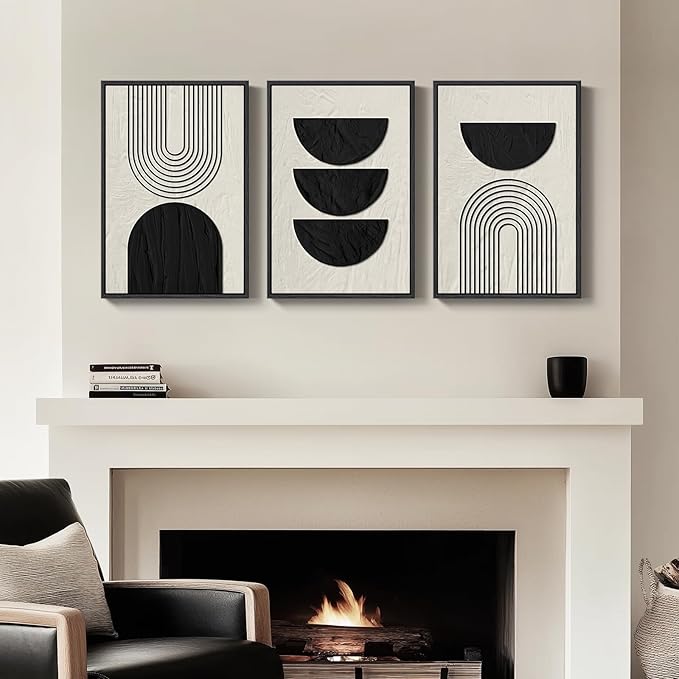 Large Framed Neutral Black and Beige Wall Art, 3 Piece Modern Canvas Prints Paintings Artwork for Walls, Minimalist Boho Geometric Pictures Wall Decor for Living Room Bedroom Home Office 20x30 In