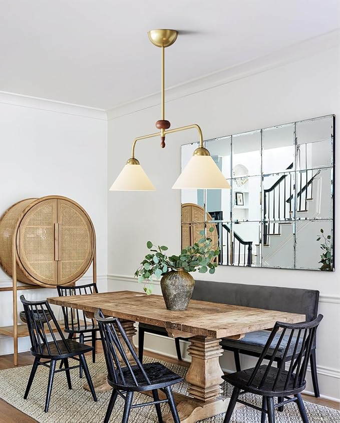 Linear Chandelier, Modern Chandelier for Dining Room Light Fixture, Dining Light Fixtures with Milk Glass Shade Pendant Lights Kitchen Island for Restaurant, Living Room (Gold + Wood, 2-Lights)