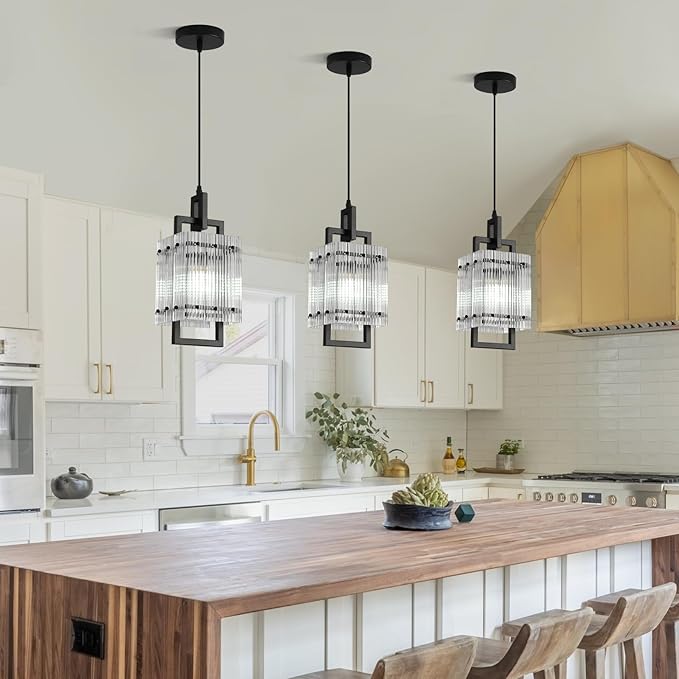 Modern Pendant Light Fixtures with Clear Glass Matte Black Pendant Lights Kitchen Island Adjustable Square Hanging Pendant Lighting for Dining Room Over Sink Hallway 1 Pack 12 inches