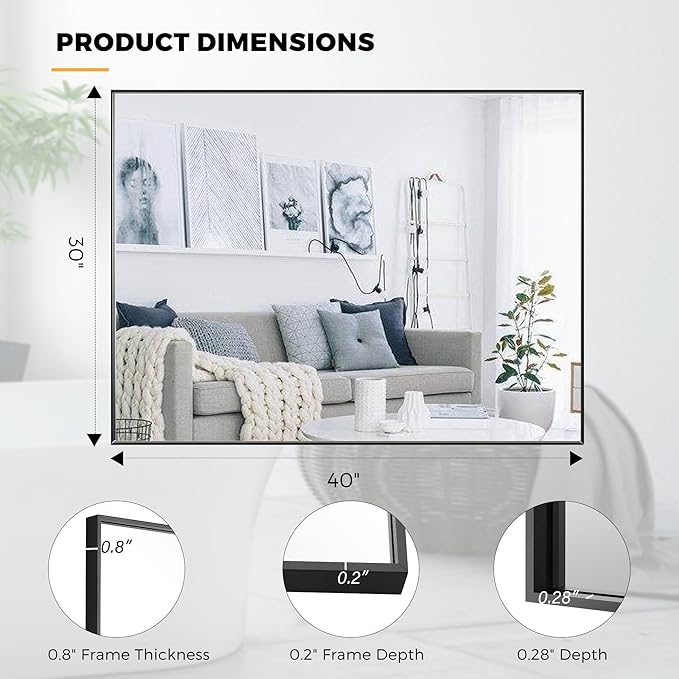 30x40 Inch Black Bathroom Mirror for Wall, Aluminum Frame Rectangle Rectangular Vanity Mirror, Modern Large for Bedroom, Living Room, Horizontal or Vertical