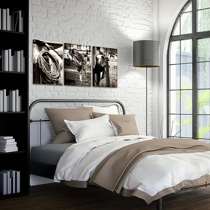 3 Pieces Retro Canvas Prints American West Rodeo Cowboy Wall Art Painting Brown Straw Hat on Leather Rancher Roper Boots and Guitar Picture on Canvas Artwork for Home Office 16x24inchx3pcs