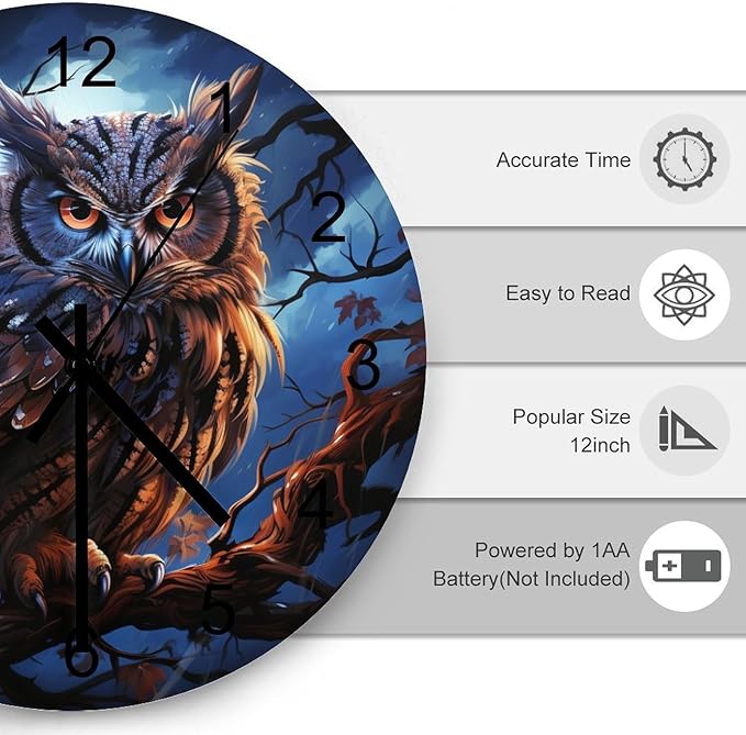 Owl Cartoon Round Wall Clock, Night Forest Branch Owl Watercolor Art, Personalized Decorative Wooden Silent Wall Wall Clock for Teenagers' Rooms and Bedrooms 12x12INCH