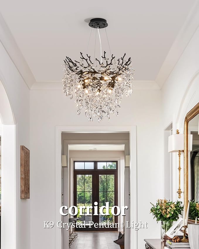 Modern Crystal Chandelier for Dining Room, 23.62" Black Tree Branch Chandeliers, 8-Light Luxury K9 Crystal Round Chandeliers for Kitchen Island Living Room