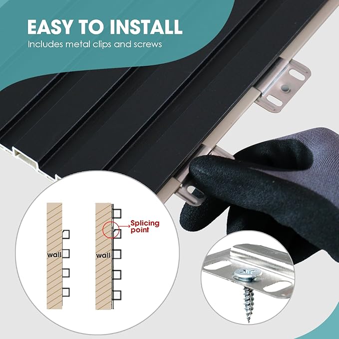 OUZUGIE WPC Acoustic Slat Wall Paneling, 8-Pack 114 x 6 Inches 3D Wall Panels for Interior Wall Decor,Living Room,TV Background,Study Room,Office Spaces,Bedroom,Low Grille (Black)