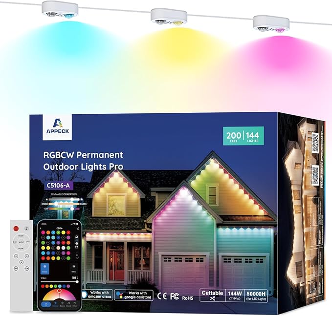 APPECK Permanent Outdoor Lights Pro 200ft, 144W RGBCW Eaves Lights with 144 LED Lights, 80lm, Cuttable, 111 Scene Modes, IP67 Waterproof Lighting for Halloween Decoration, Work with Alexa, White