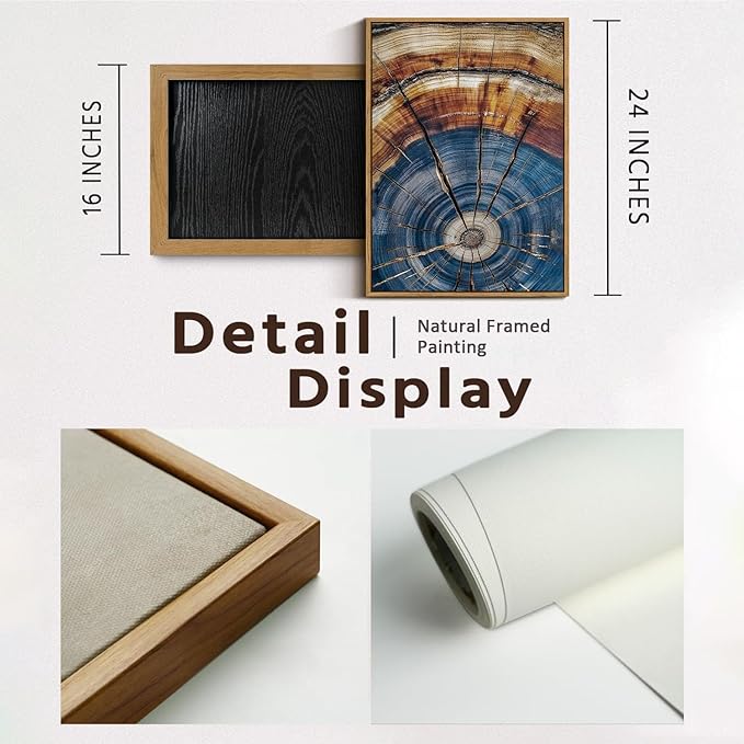 BingruiArt Framed Tree Ring Canvas Wall Art Abstract Wood Wall Decor Boho Modern Colorful Nature Painting Wood Stump Prints Pictures for Living Room Bedroom Bathroom Office 16"x24" Natural Framed(02)