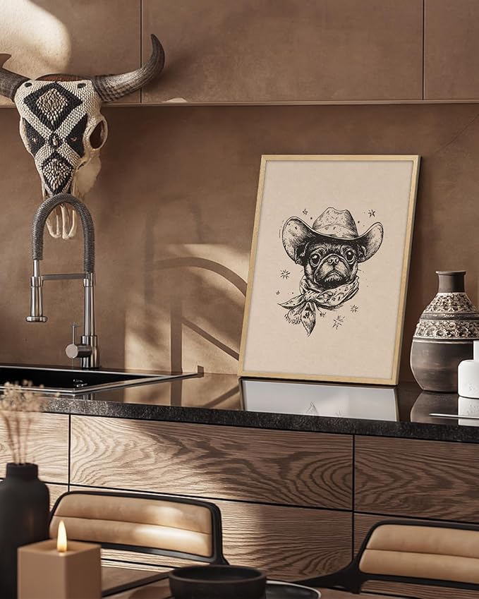 ARPEOTCY Small Framed Canvas Wall Art, 12x16in, Vintage Cowboy Dog Art, Western Room Wall Decor for Bedroom Office Nursery Shelf, Cowdog Artwork