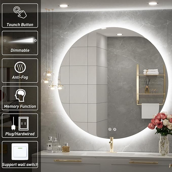 24 Inch Round LED Bathroom Mirror - 6000K Daylight Backlit, Anti-Fog & Dimmable, Frameless Waterproof Mirror with Touch Control, CRI90+, IP54 for Vanity & Makeup