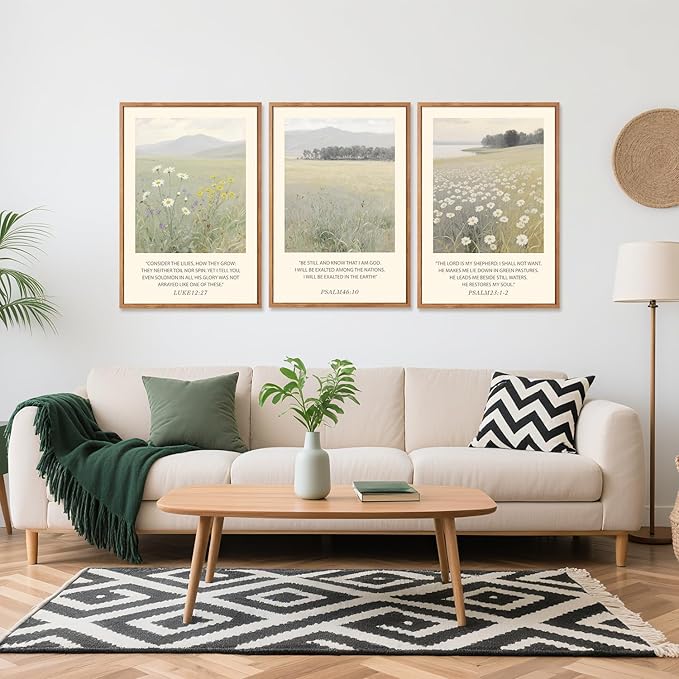 Aurlan Christian Bible Verses Scripture Framed Wall Art(24"x36"), 3PCS Boho Wildflowers Landscape Nature Canvas Artwork, Religious Luke12:27 Psalm46:10 Psalm23:1-2 Jesus Faith Gift Decor for Home Office Bedroom