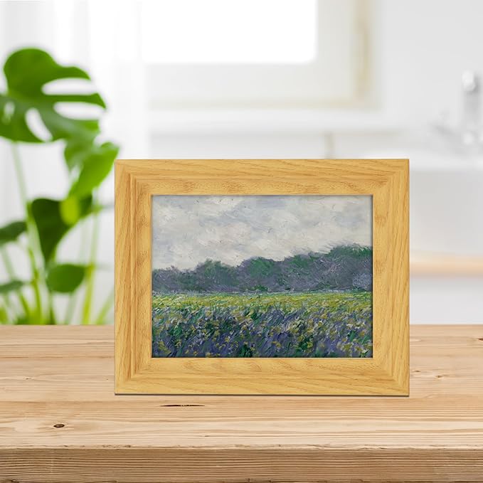 Brivoria Framed Canvas Wall Art Vintage Decor, Impressionist Field Scene with Yellow Irises Purple Wildflowers and Cloudy Sky for Kitchen Entryway Shelf Display or Tabletop Decoration, 8"x10"