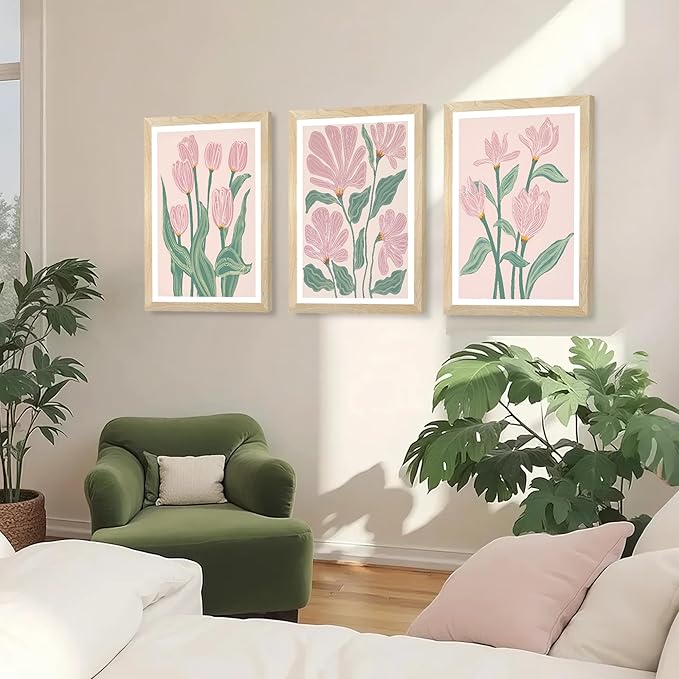 JLTULT 3 Piece Pink Abstract Tulips Floral Wall Art, Boho Green Botanical Wall Decor, Modern Flowers Paintings Art Prints for Living Room Bedroom Home Farmhouse Office16x24 Framed inch Ready to Hang