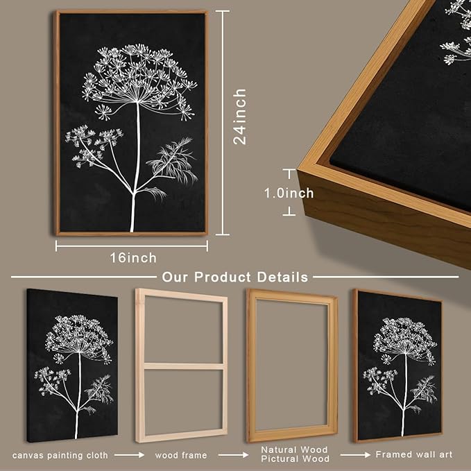 BINCUE Framed Botanical Wall Art Black Grey and White Plant Floral Print Canvas for Living Room Bedroom Office 3 Panel 16x24 Inches