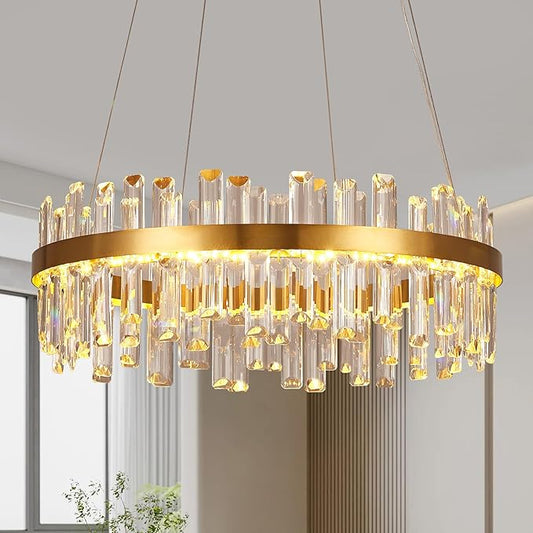Modern Gold Crystal Led Chandelier: 23.6" Round 3 Color Dimmable K9 Luxury Crystals Chandeliers for Dining Room Lights over Table - Elegant Contemporary Living Room Bedroom Kitchen Light with Remote