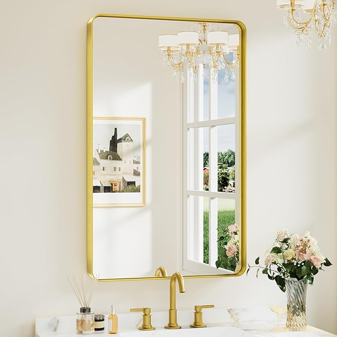 Keonjinn Gold Bathroom Mirrors for Over Sink, 40” x 24” Rounded Rectangle Brushed Gold Vanity Mirror, Anti-Rust Brass Mirror with HD Tempered Glass, Decorative Farmhouse Mirrors, Horizontal/Vertical