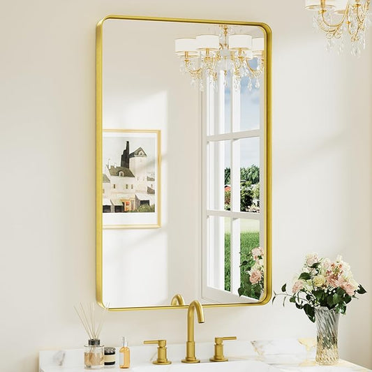 Keonjinn Gold Bathroom Mirrors for Over Sink, 40” x 24” Rounded Rectangle Brushed Gold Vanity Mirror, Anti-Rust Brass Mirror with HD Tempered Glass, Decorative Farmhouse Mirrors, Horizontal/Vertical