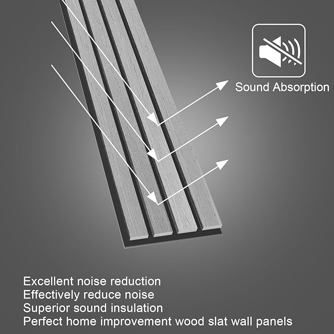 NeatiEase Wood Wall Panels, 9 Feet Acoustic Slat Wall Panels for Interior Wall Decor and Noise Reduction, Decorative Slat Wall Paneling, Gray Oak, 4-Piece