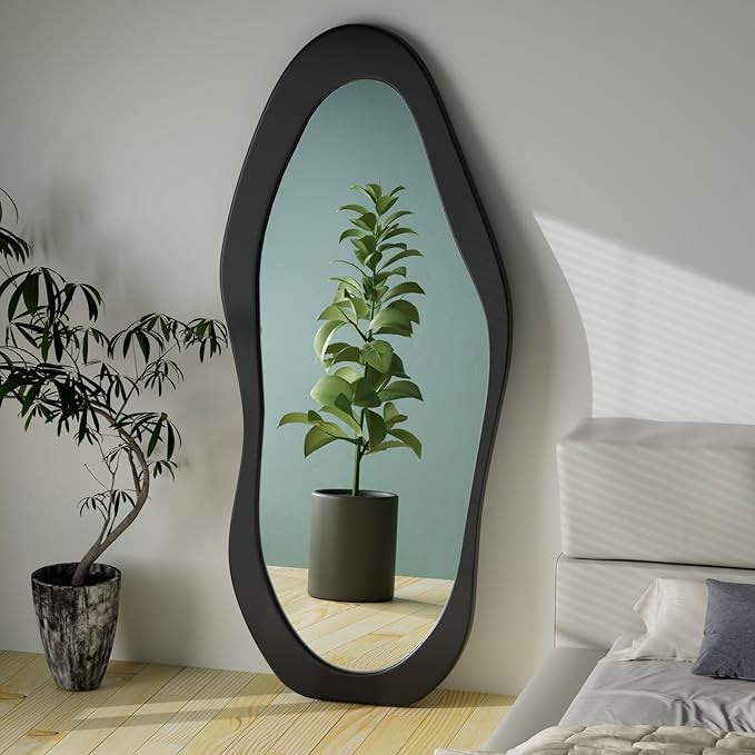 67" x 30" Irregular Wavy Full Body Mirror - Wooden Framed, Hanging/Leaning Wall Mounted for Cloakroom/Bedroom/Living Room