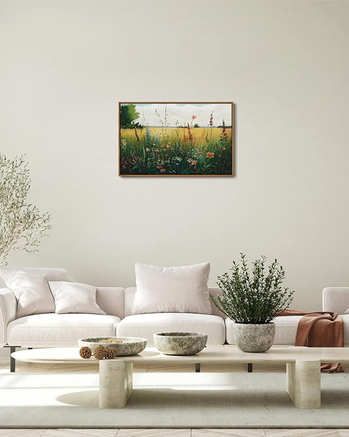 KISSFOX Vintage Wildflower Field Landscape Framed Wall Art Summer Countryside Meadow Canvas Art Farmhouse Rustic Paintings Artwork Nature Serene Art Prints For Kitchen Living room Bedroom