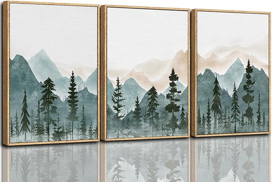 CHDITB Large Mountain Wall Art Set of 3, 24"x36" Framed Forest Woodland Wall Decor, Pine Tree Landscape Wall Painting, Nature Scenery Canvas Art Prints for Living Room, Bedroom, Office, Dining Room