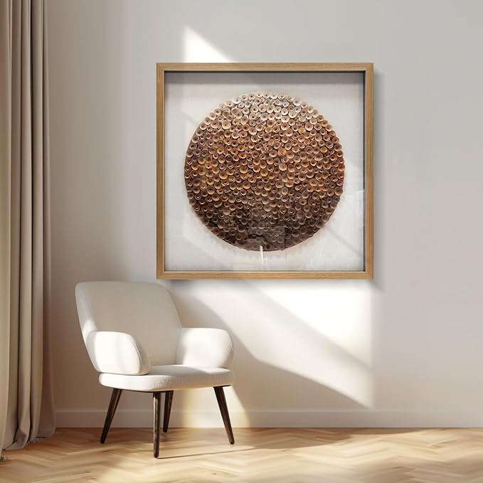 BrightA Natural Wood Paper Cylinder Wall Art Brown Gradient Color Circular Design with Earthy Tones Framed Artwork Modern Minimalist Home Decor for Living Room 31.5"x31.5"