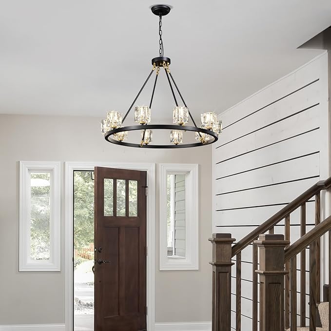 Black Wagon Wheel Chandelier,10-Lights Crystal Chandeleirs with Adjustable Height, Dining Room Light Fixture, Hanging Lights for Kitchen Island, Living Room, Bedroom, Entryway, G9 Base
