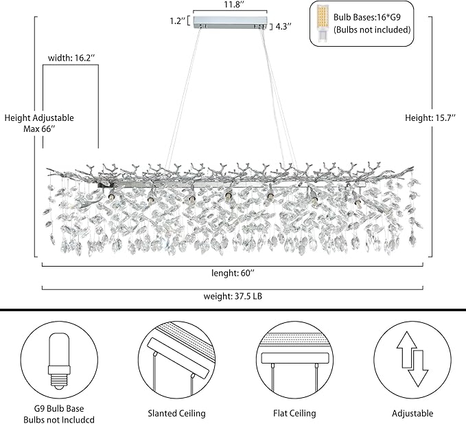 60" Modern Crystal Chandelier, 16-Light Silver Tree Branch Chandelier for Dining Room, Luxury Rectangular Raindrop Chandeliers for Kitchen Island, Living Room, Foyer, Contemporary K9 Light Fixture