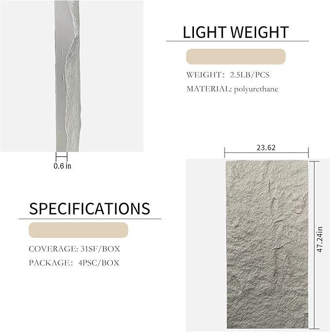 4PCS PU Wall Panels Stone Texture for Interior Wall Decor|3D Wall Panels with Grey Stone Texture|47.24"*23.62" (Grey)