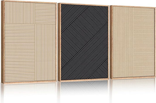 KAIRNE Modern Minimalist Wall Art Set of 3, Beige and Black Striped Geometric Prints with Wood Frame, Abstract Textured Wall Decor for Living Room, Bedroom, Office - 24x36 inch