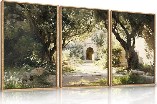Ausril Garden of Gethsemane Landscape Framed Canvas Wall Art, Jerusalem Town Villages Scenery Prints, Jesus Boho Religious Decor, Christian Bible Art Painting for Bedroom Living Room Office 24"x36"x3