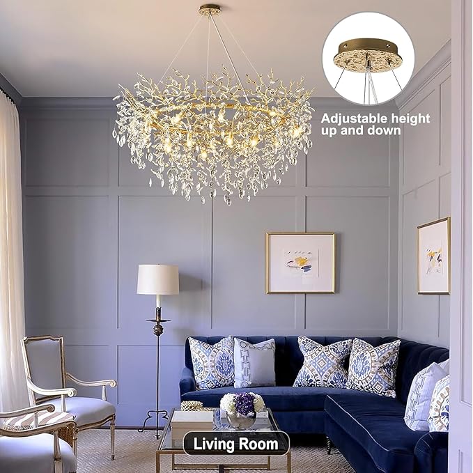 48 inch Crystal Chandelier for Dining Room, Round Gold Tree Branches Chandeliers, Top K9 Crystal Chandelier for Living Room, Modern Brass Chandeliers for Kitchen,Foyer Entryway