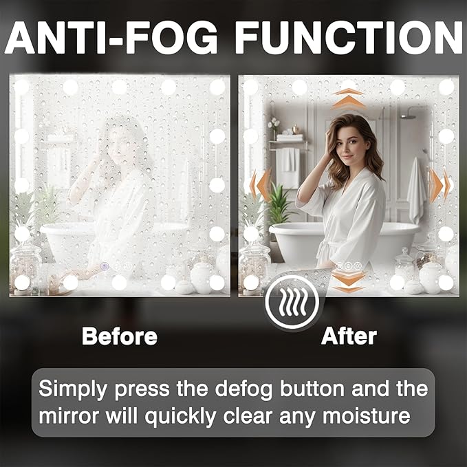 55x36 LED Bathroom Mirrors for Over Sink, Makeup Mirror with LED Bulbs, 3 Colors and Stepless Dimmable CRI90+, Anti-Fog Mirror, Shatter-Proof, Waterproof, Anti-Corrosion, Memory, Wall Mounted