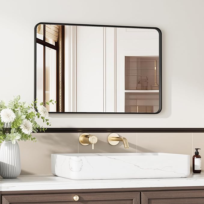 Black Bathroom Mirror 24X36 Inch Bathroom Vanity Mirror for Wall, Metal Frame Large Mirror, Tempered Glass, Modern Wall Mirror for Bathroom, Farmhouse, Horizontally or Vertically Hanging