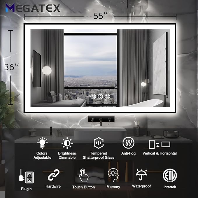 55x36 LED Bathroom Mirror, Black Aluminum Framed, Backlit + Front-Lit, 3 Colors Temperature Changeable, Dimmable Vanity Mirror, Tempered Glass, Defog, Waterproof, Memory (Horizontal/Vertical)
