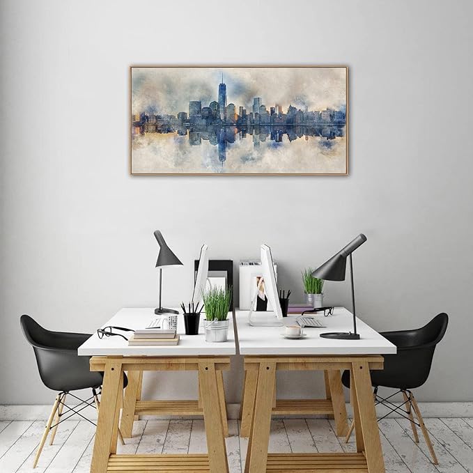 NYC Framed Canvas Wall Art Abstract Painting Wall Decor Indigo Blue Gray Panoramic Art Print New York Skyline Reflection Pictures Artwork Modern City Landscape Living Room Bedroom Decoration 24" x 48"
