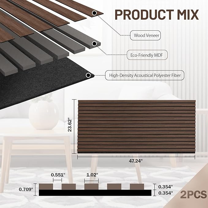 AKK-Stave Acoustic Wood Slat Wall Panels, 47.2" X 23.6" X 0.7" 15.5ft² Sound Absorbing Acoustic Panels for Walls –Wall Panels for Stylish Interiors (4# Walnut, 2pack -47.2x23.6in)