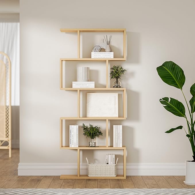 Oak 5-Tier Geometric Bookcase, S-Shaped Modern Bookshelf Set of 2, 62.6" Tall Room Divider Book Shelf, Decorative Display Shelf