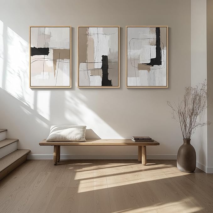 Large Framed Neutral Abstract Wall Art Set of 3, Modern Black and White Beige Canvas Prints Paintings Artwork for Walls, Minimalist Pictures for Living Room, Bedroom, Dining Room Wall Decor 20x30 In
