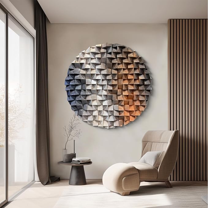 LIUZEYUE - 3D wooden block painting gradient coffee white art background wall wooden block abstract geometric wall decoration living room/bedroom/office modern minimalist style decoration Diameter 59"