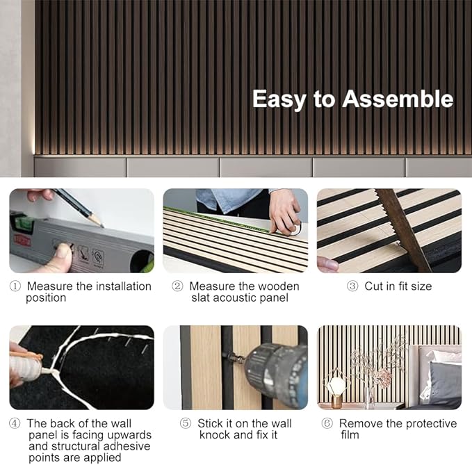 4PCS Acoustic Wood Slat Wall Panels for Wall Decor and Ceiling 3D Fluted Sound Absorbing Panel Soundproof with Wood Finish 108"×6" (Cherry Dark)