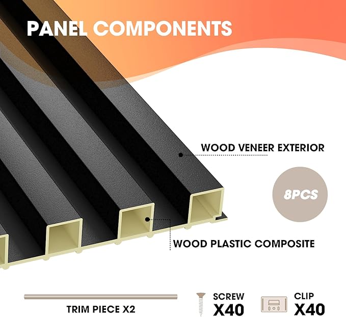 OUZUGIE WPC Acoustic Slat Wall Paneling, 8-Pack 96 x 6 Inches 3D Wall Panels for Interior Wall Decor,Living Room,TV Background,Study Room,Office Spaces,Bedroom,High Grille (Black)