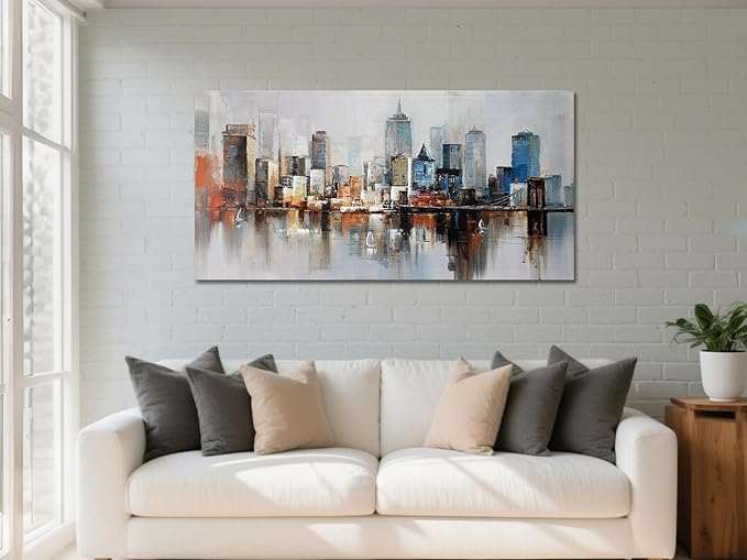 Arjun Brooklyn Bridge Wall Art Modern New York City Abstract Canvas Cityscape Painting Large Size Framed, Colorful NYC Skyline Textured Picture for Living Room Bedroom Home Office Wall Decor, 40"x20"