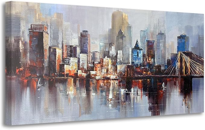 Arjun Brooklyn Bridge Wall Art for Living Room, Modern New York City Abstract Cityscape Canvas Painting, NYC Skyline Textured Picture Bedroom Artwork Home Office Wall Decor Extra Large Framed 58"x29"